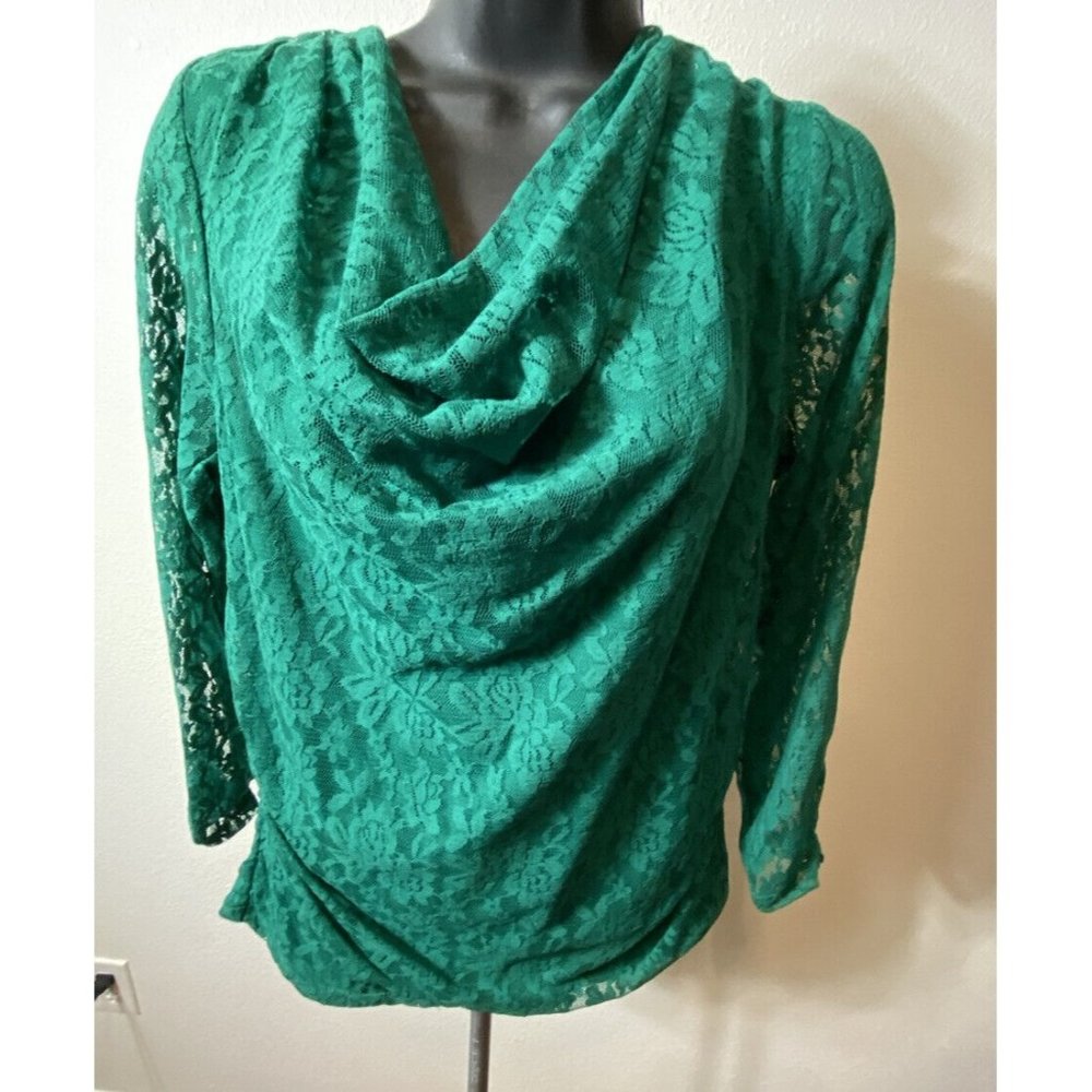 Valerie Stevens Womens Large Dressy Blouse Green Lace Scrunch Sides Floral
